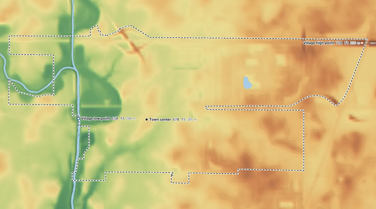 Topographic elevation map of St. Joseph, Illinois, shaded from 650 ft on the west side to 710 ft on the east side