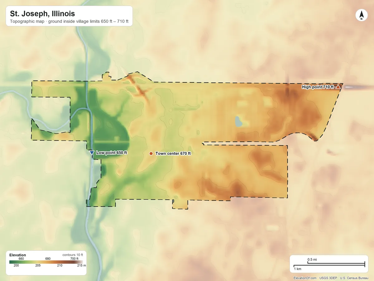 Topographic elevation map of St. Joseph, Illinois, shaded from 650 ft on the west side to 710 ft on the east side