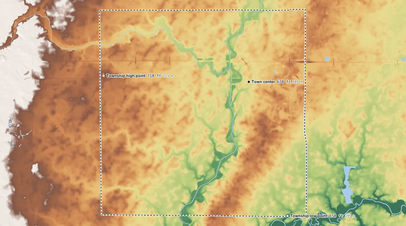 Topographic elevation map of St. Joseph Township, Illinois, shaded from 650 ft on the south side to 710 ft on the west side