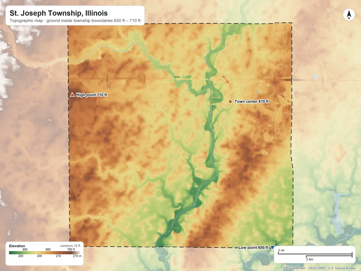 Topographic elevation map of St. Joseph Township, Illinois, shaded from 650 ft on the south side to 710 ft on the west side