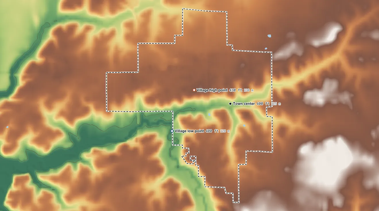 Topographic elevation map of St. Libory, Illinois, shaded from 400 ft on the southwest side to 430 ft on the west side