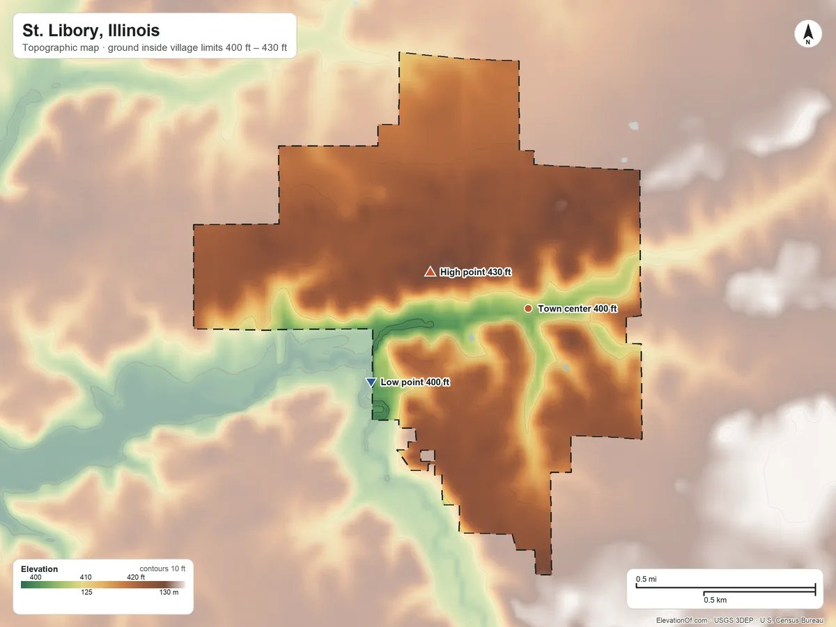 Topographic elevation map of St. Libory, Illinois, shaded from 400 ft on the southwest side to 430 ft on the west side