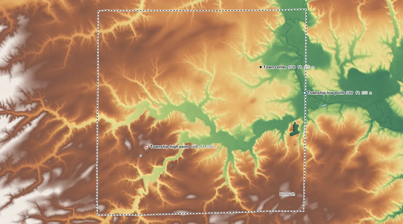 Topographic elevation map of St. Mary Township, Illinois, shaded from 500 ft on the southeast side to 660 ft on the southwest side