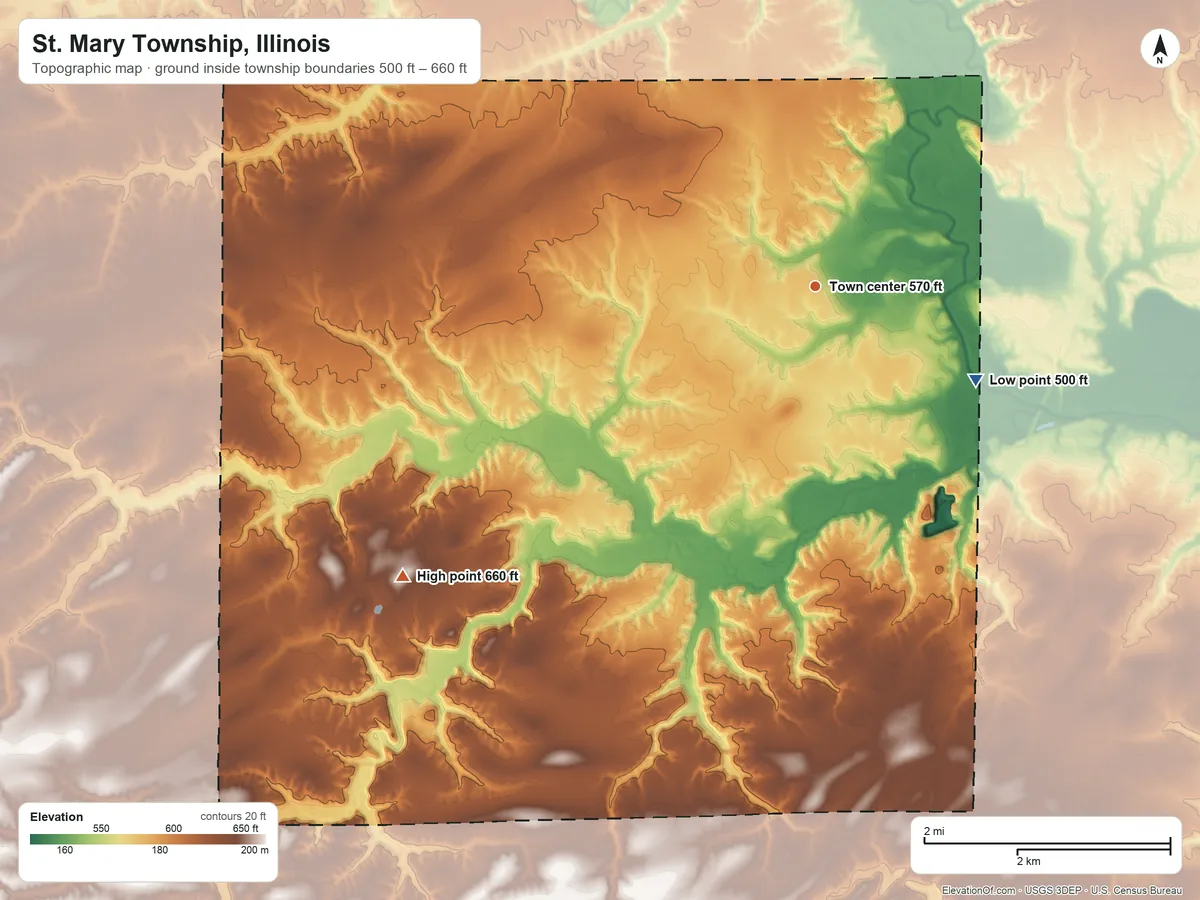 Topographic elevation map of St. Mary Township, Illinois, shaded from 500 ft on the southeast side to 660 ft on the southwest side