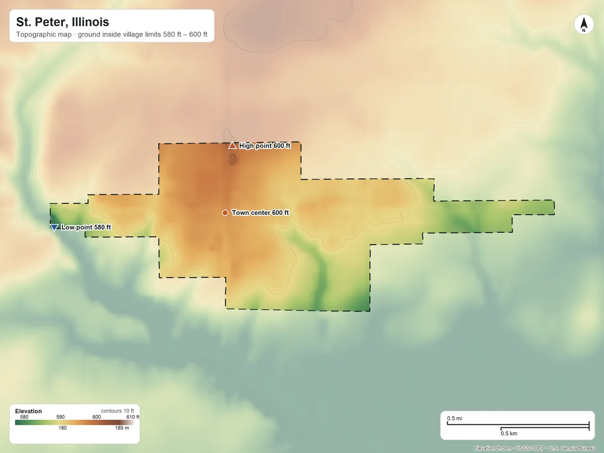 Topographic elevation map of St. Peter, Illinois, shaded from 580 ft on the west side to 600 ft on the north side