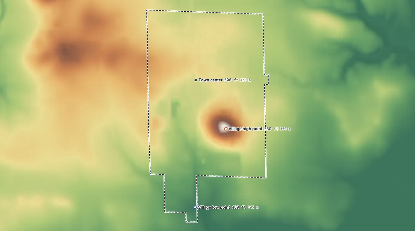 Topographic elevation map of St. Rose, Illinois, shaded from 480 ft on the south side to 530 ft on the southeast side