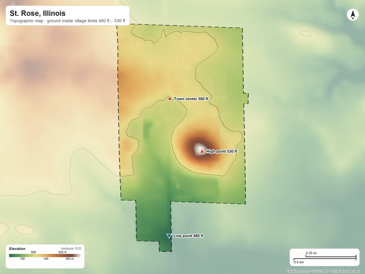 Topographic elevation map of St. Rose, Illinois, shaded from 480 ft on the south side to 530 ft on the southeast side