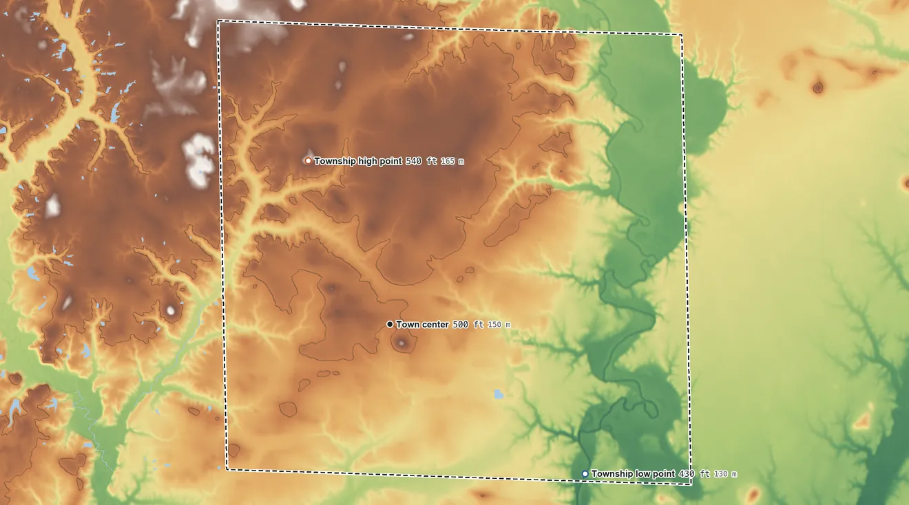 Topographic elevation map of St. Rose Township, Illinois, shaded from 430 ft on the southeast side to 540 ft on the northwest side