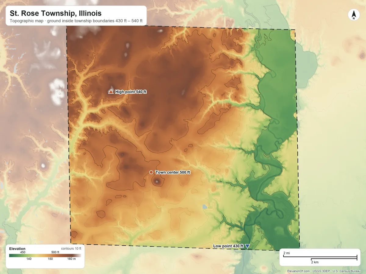 Topographic elevation map of St. Rose Township, Illinois, shaded from 430 ft on the southeast side to 540 ft on the northwest side