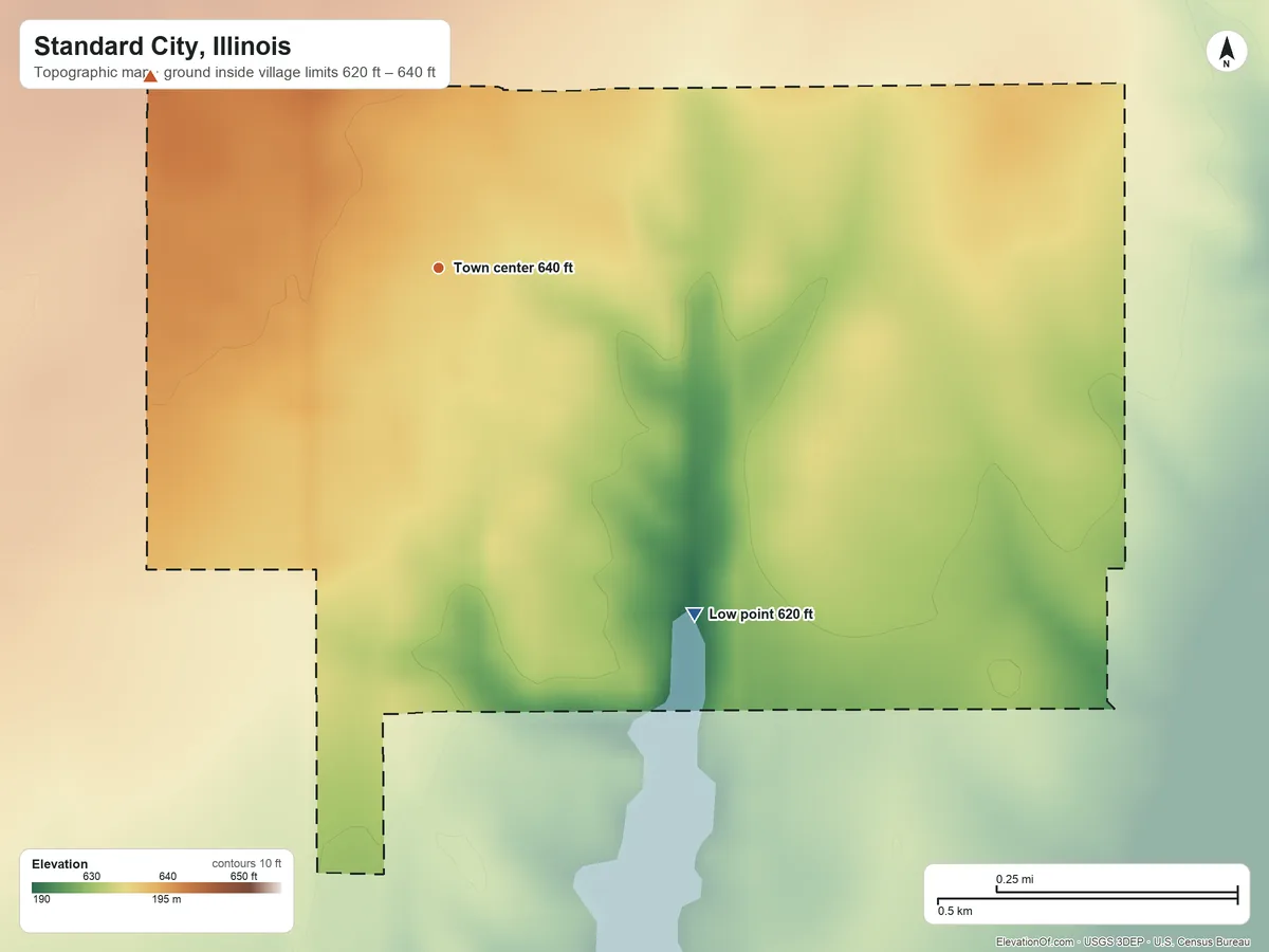 Topographic elevation map of Standard City, Illinois, shaded from 620 ft on the southeast side to 640 ft on the northwest side