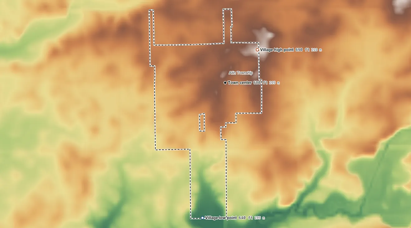 Topographic elevation map of Stanford, Illinois, shaded from 640 ft on the south side to 690 ft on the northeast side