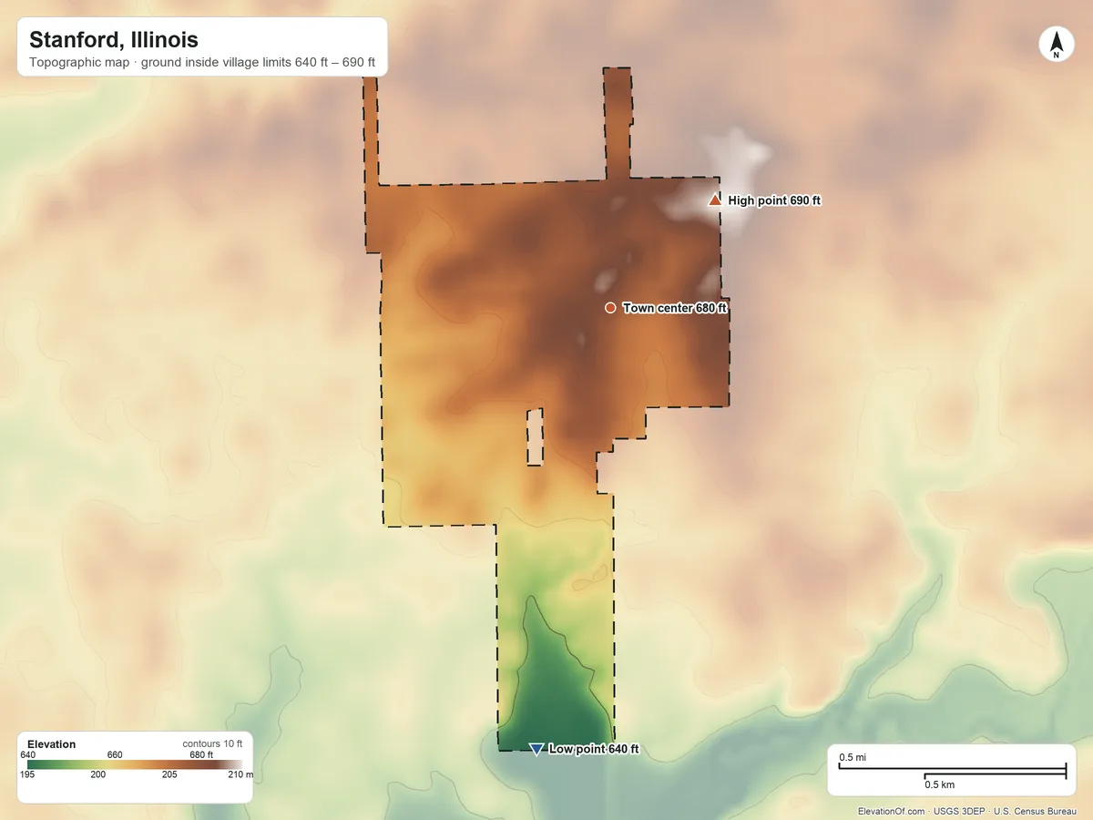 Topographic elevation map of Stanford, Illinois, shaded from 640 ft on the south side to 690 ft on the northeast side