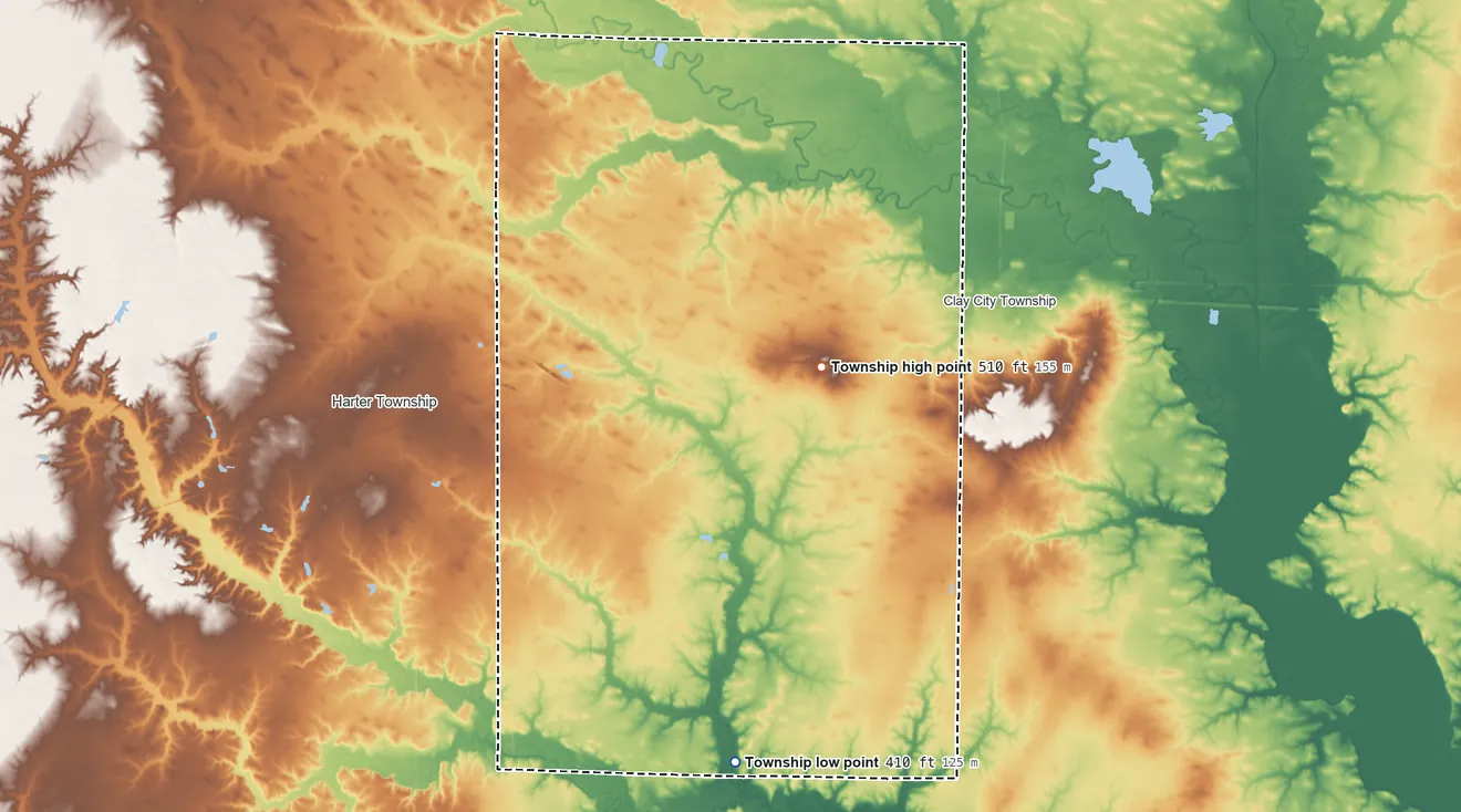 Topographic elevation map of Stanford Township, Illinois, shaded from 410 ft on the south side to 510 ft on the northeast side