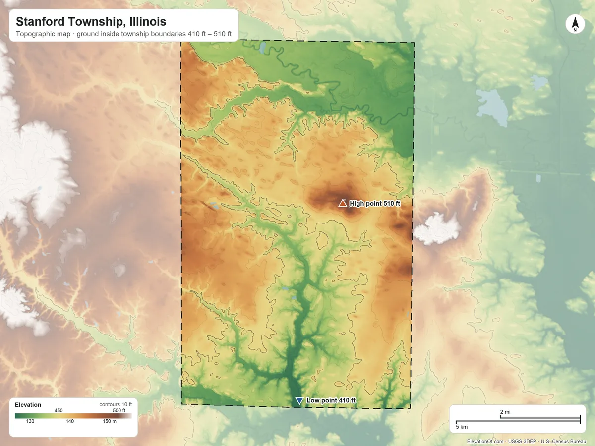 Topographic elevation map of Stanford Township, Illinois, shaded from 410 ft on the south side to 510 ft on the northeast side