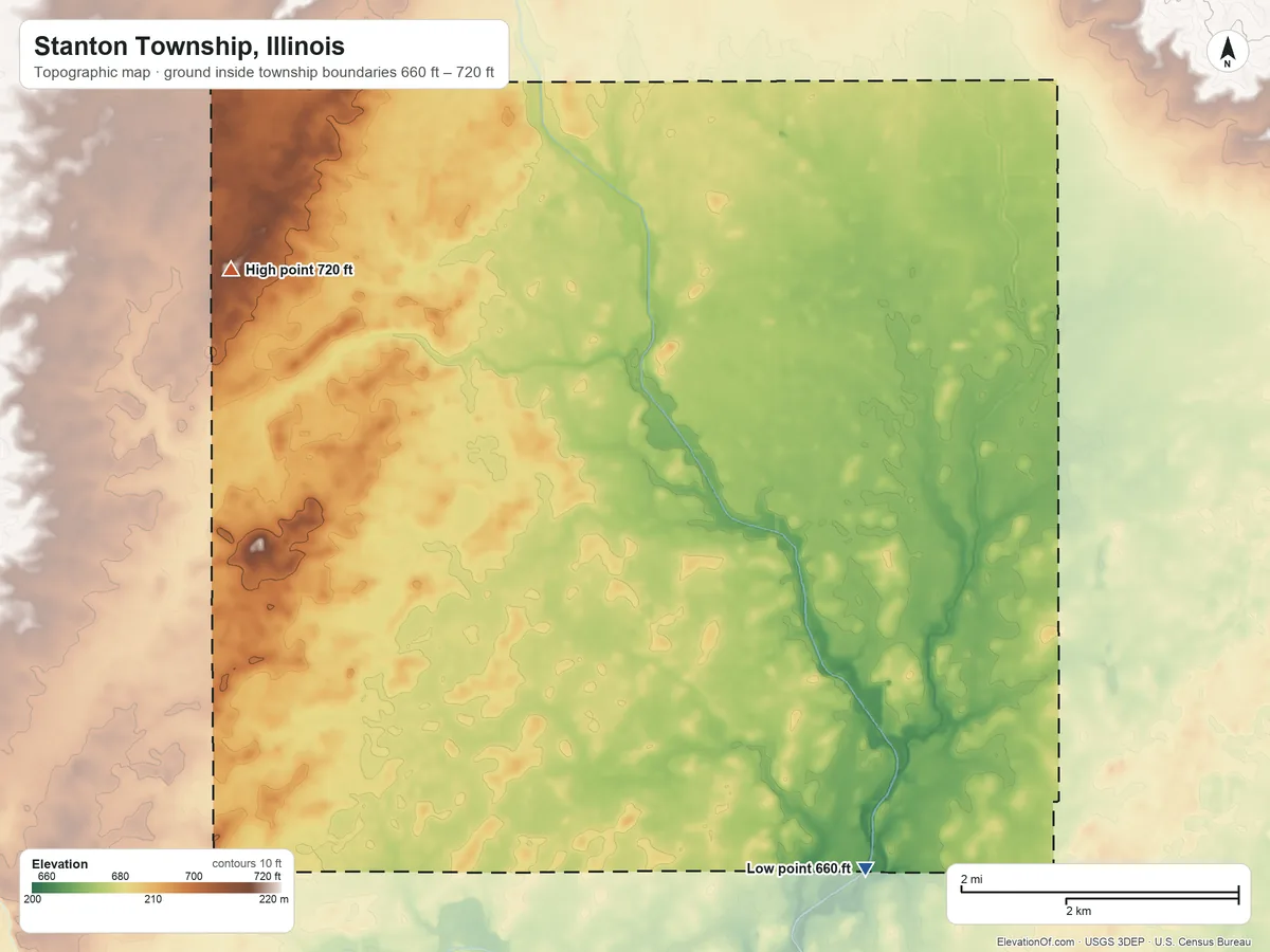 Topographic elevation map of Stanton Township, Illinois, shaded from 660 ft on the southeast side to 720 ft on the northwest side