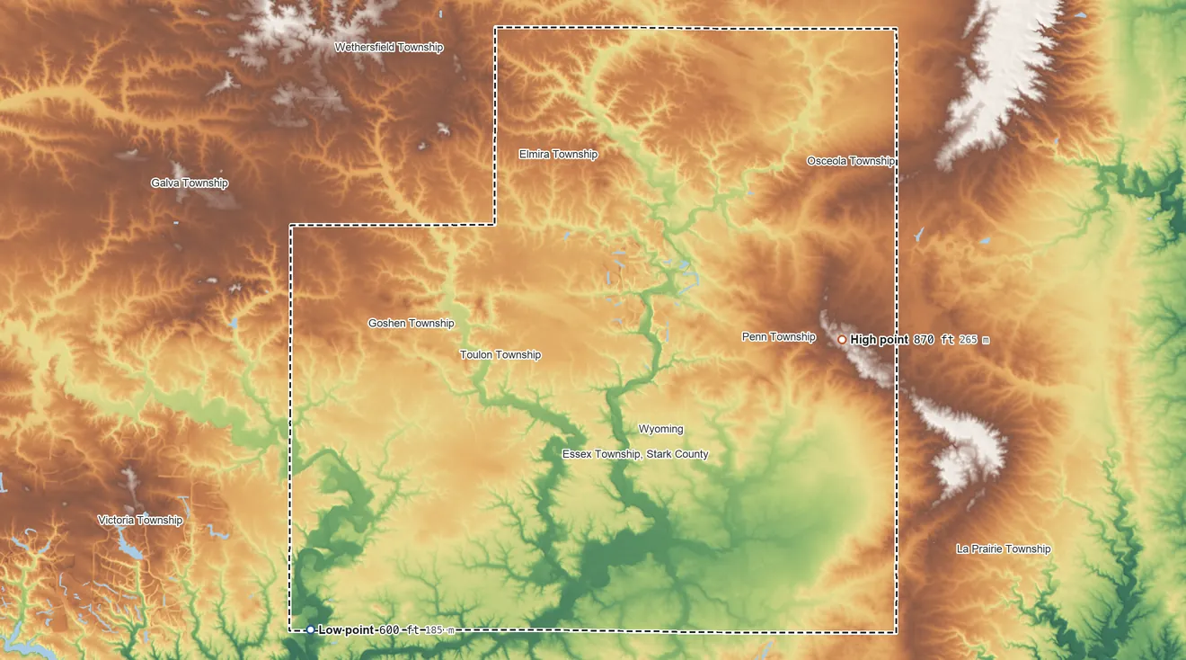 Topographic elevation map of Stark County, Illinois, shaded from 600 ft on the southwest side to 870 ft on the east side