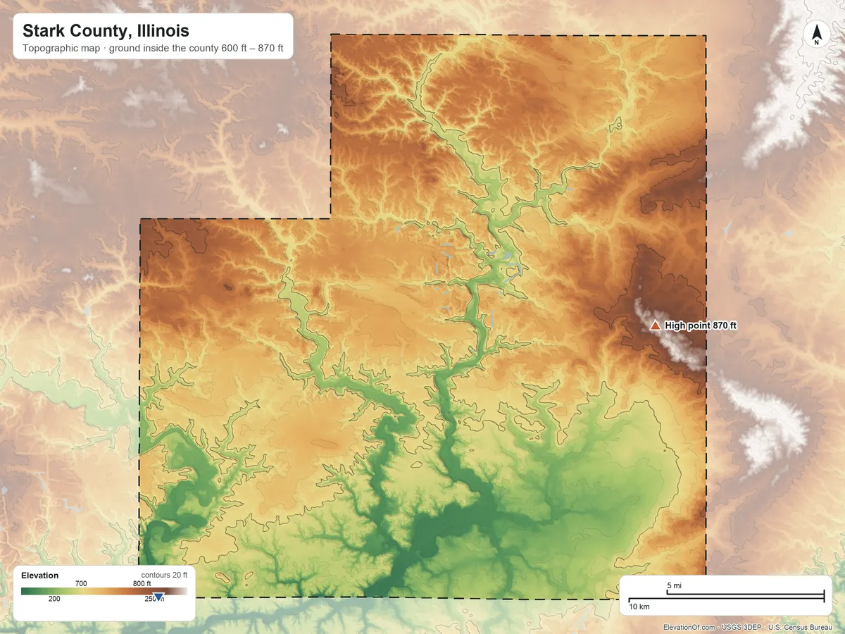 Topographic elevation map of Stark County, Illinois, shaded from 600 ft on the southwest side to 870 ft on the east side