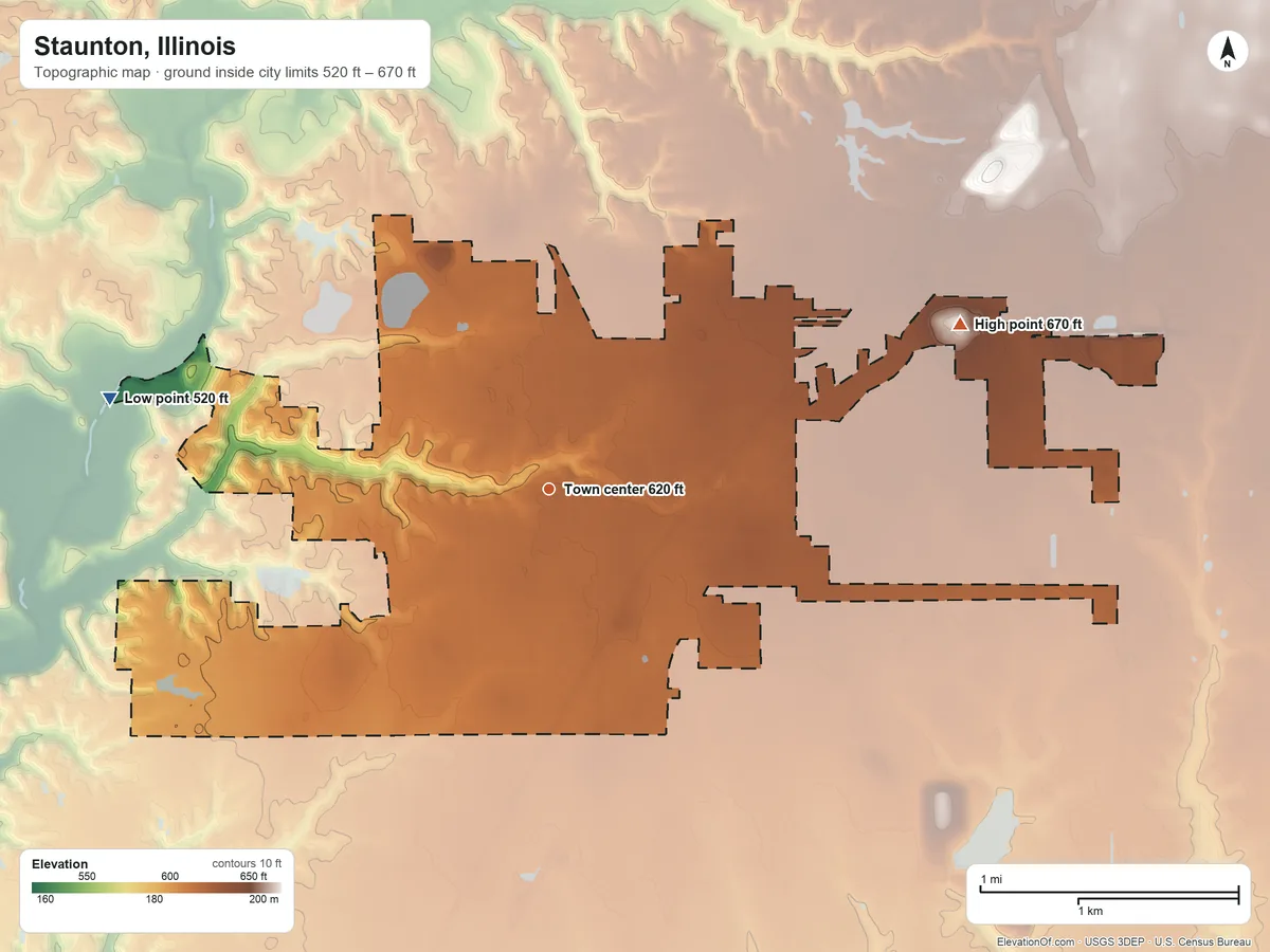 Topographic elevation map of Staunton, Illinois, shaded from 520 ft on the west side to 670 ft on the east side