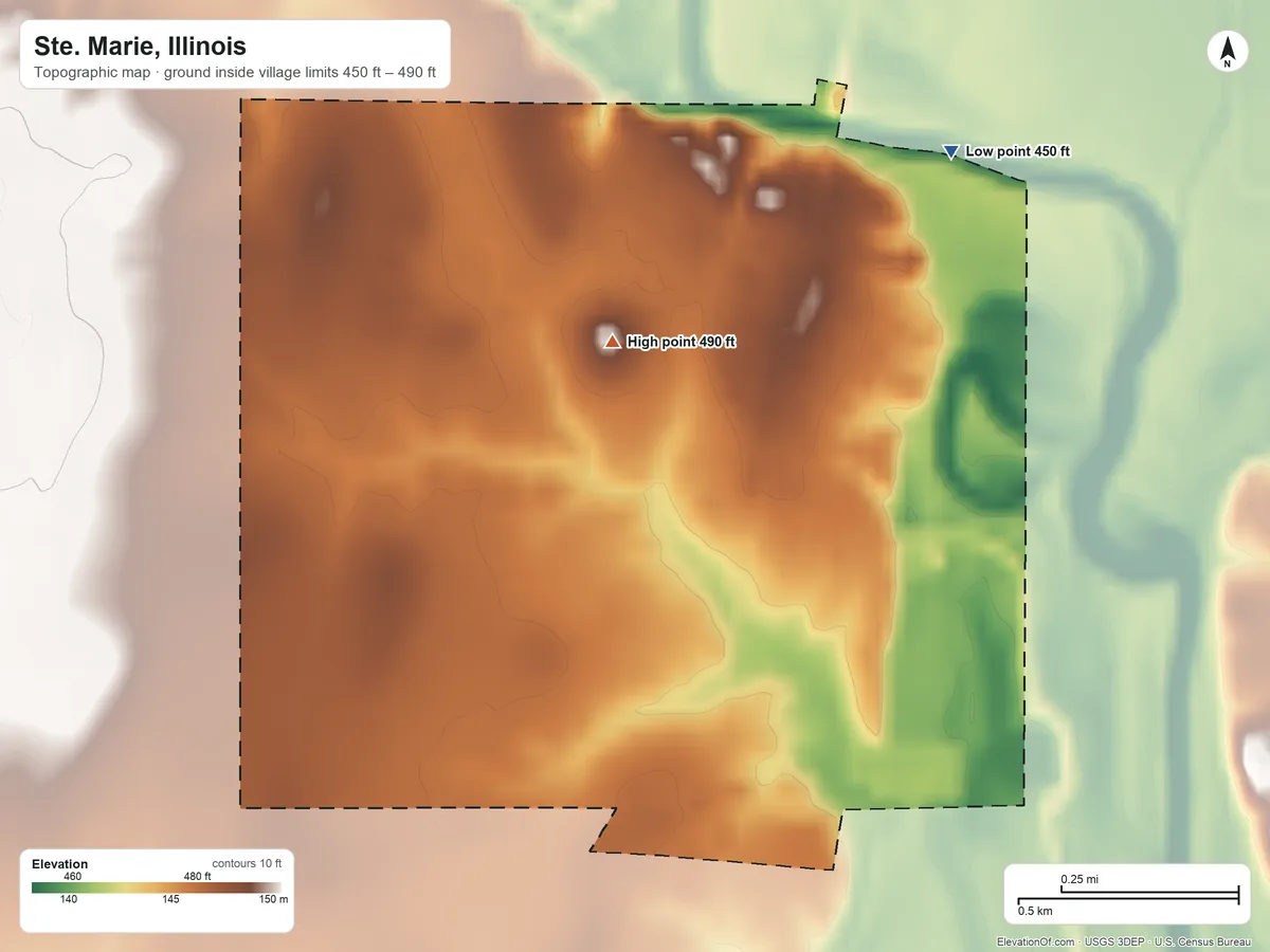 Topographic elevation map of Ste. Marie, Illinois, shaded from 450 ft on the northeast side to 490 ft near the middle