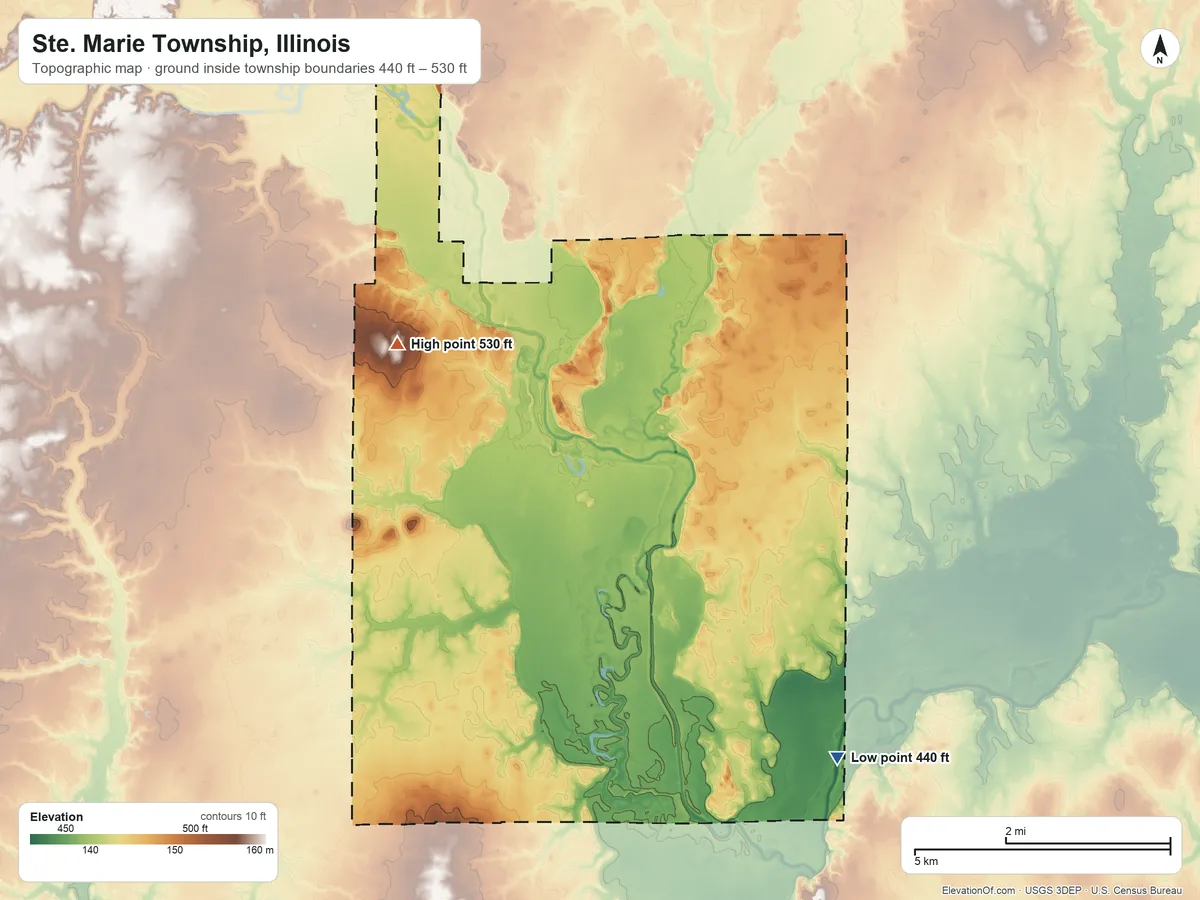 Topographic elevation map of Ste. Marie Township, Illinois, shaded from 440 ft on the southeast side to 530 ft on the northwest side