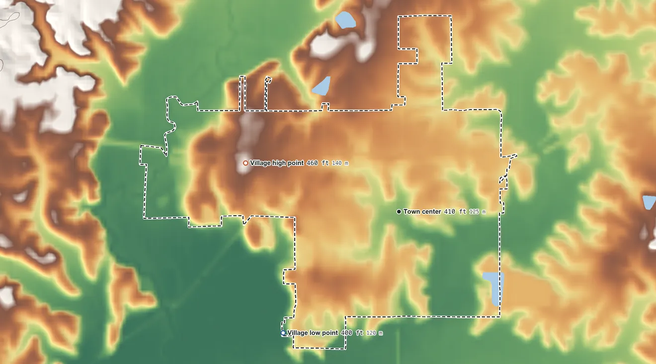 Topographic elevation map of Steeleville, Illinois, shaded from 400 ft on the southwest side to 460 ft on the west side