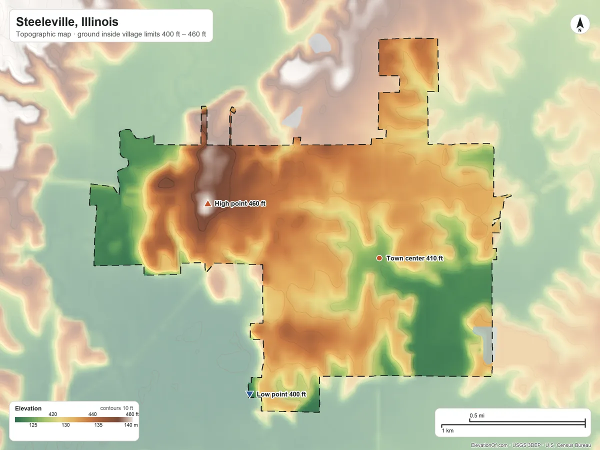 Topographic elevation map of Steeleville, Illinois, shaded from 400 ft on the southwest side to 460 ft on the west side