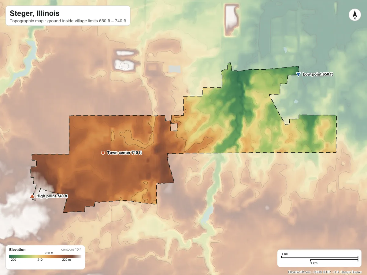 Topographic elevation map of Steger, Illinois, shaded from 650 ft on the east side to 740 ft on the southwest side