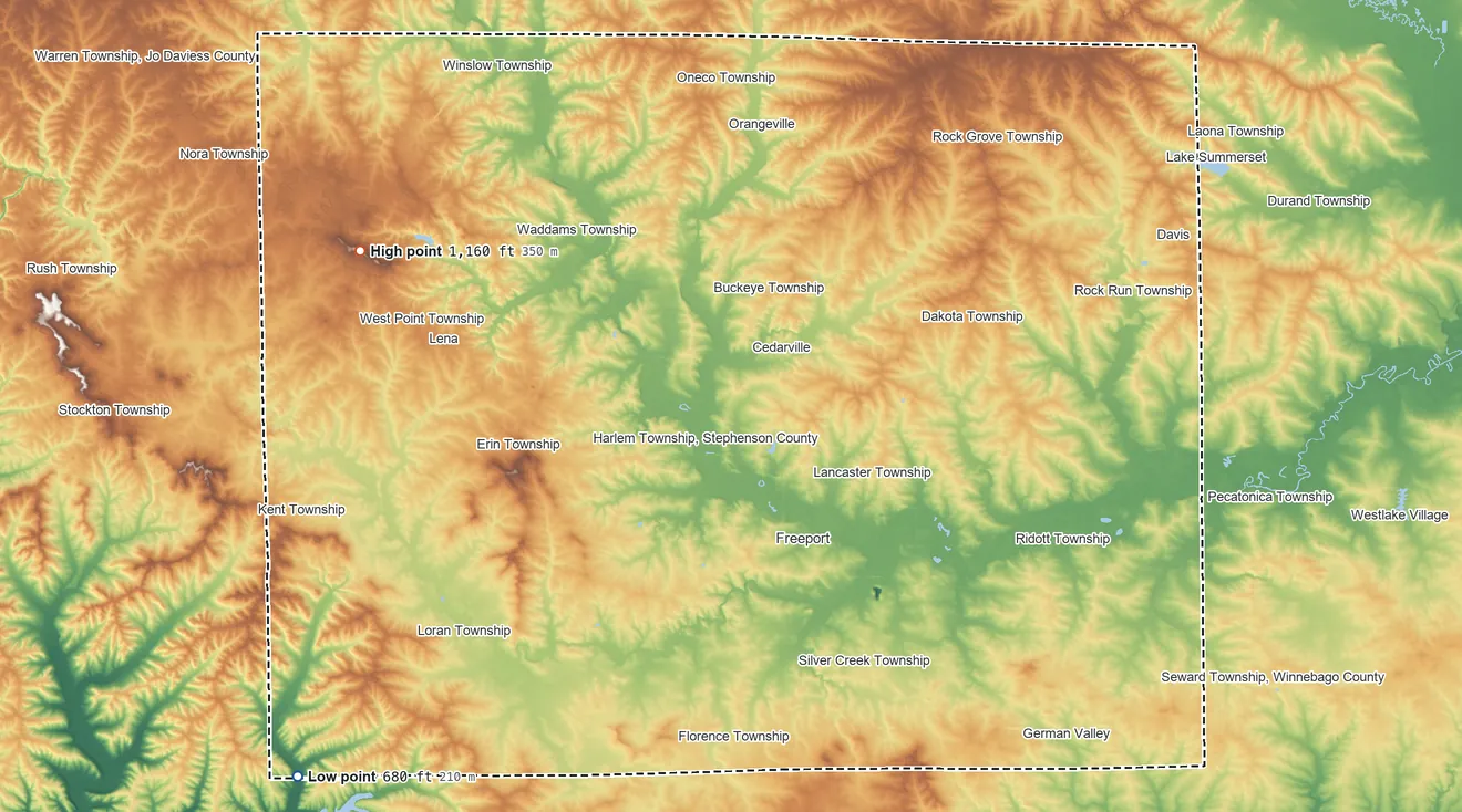 Topographic elevation map of Stephenson County, Illinois, shaded from 680 ft on the southwest side to 1,160 ft on the northwest side