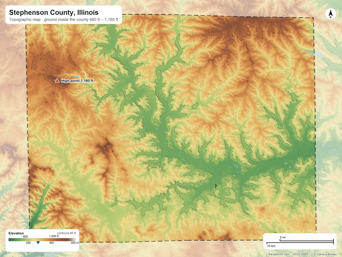 Topographic elevation map of Stephenson County, Illinois, shaded from 680 ft on the southwest side to 1,160 ft on the northwest side