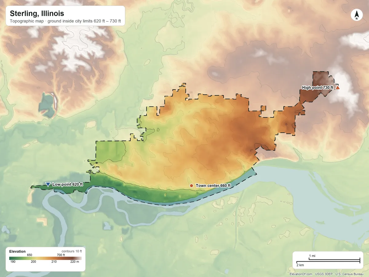 Topographic elevation map of Sterling, Illinois, shaded from 620 ft on the west side to 730 ft on the northeast side