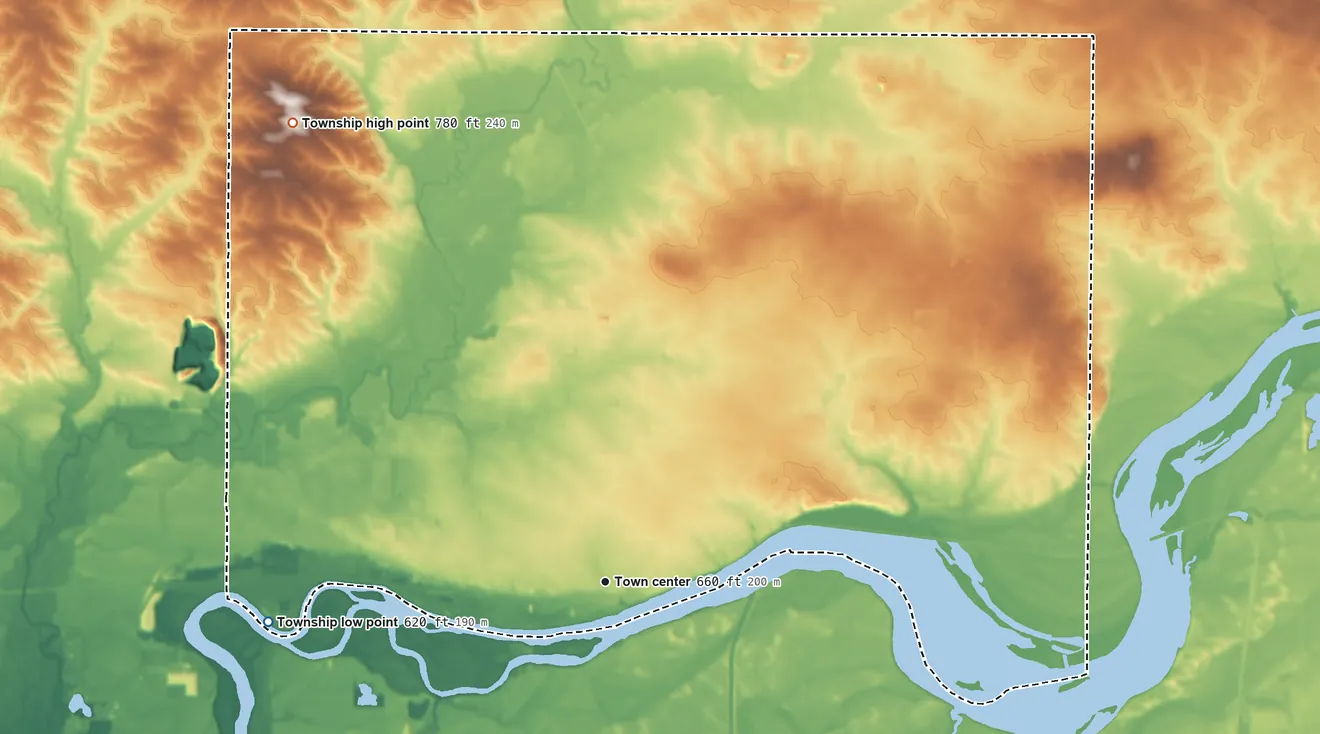 Topographic elevation map of Sterling Township, Illinois, shaded from 620 ft on the west side to 780 ft on the northwest side