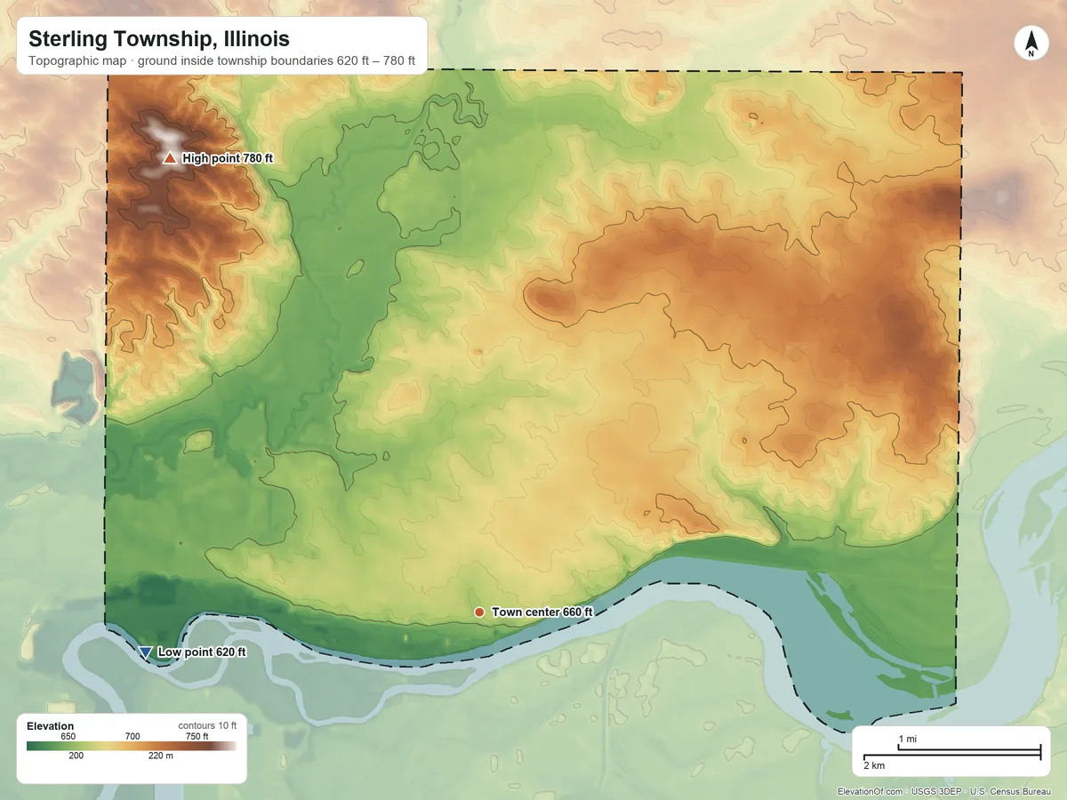 Topographic elevation map of Sterling Township, Illinois, shaded from 620 ft on the west side to 780 ft on the northwest side