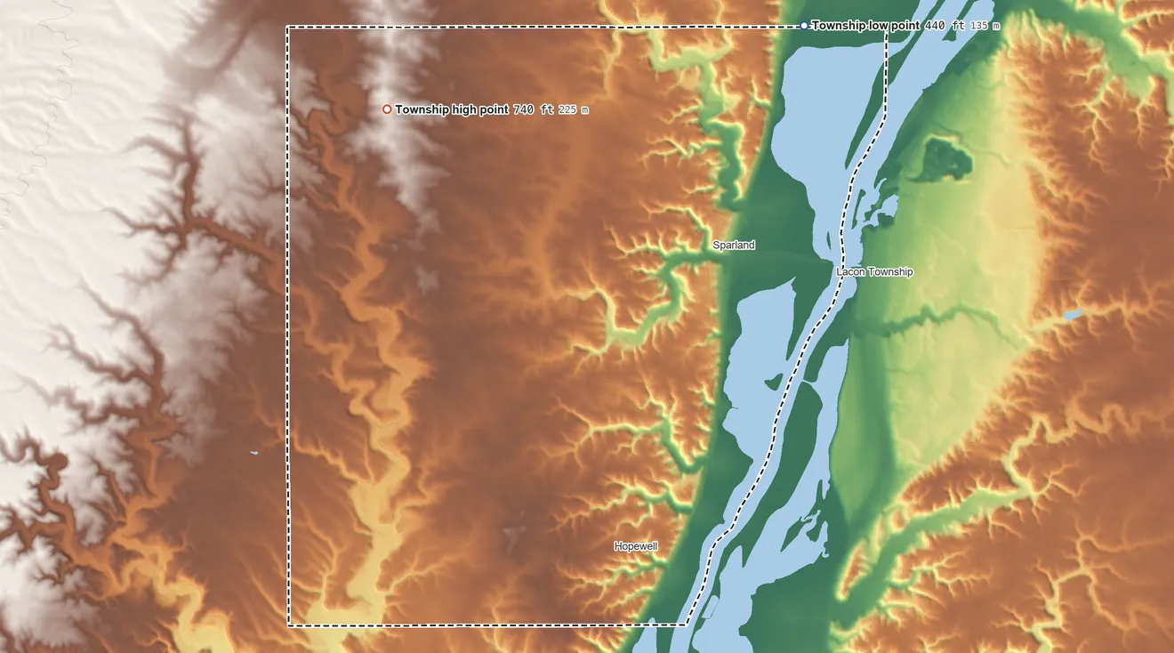 Topographic elevation map of Steuben Township, Illinois, shaded from 440 ft on the northeast side to 740 ft on the northwest side