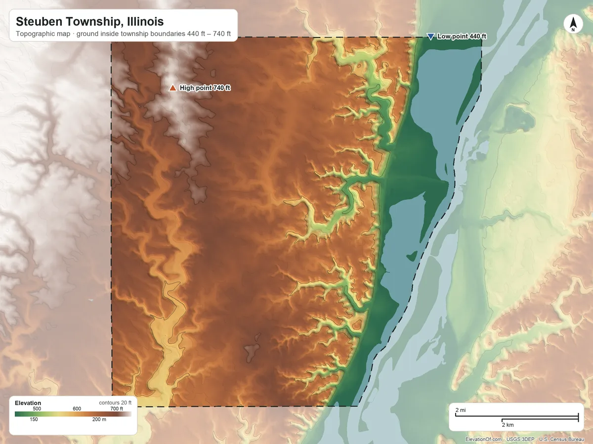 Topographic elevation map of Steuben Township, Illinois, shaded from 440 ft on the northeast side to 740 ft on the northwest side