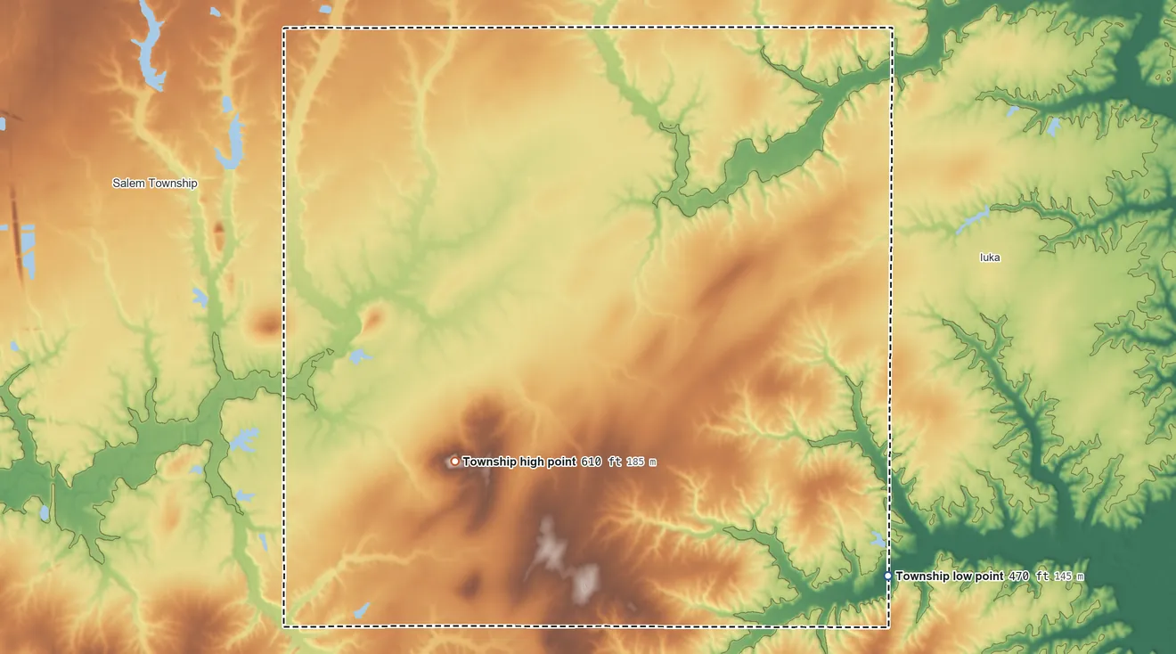 Topographic elevation map of Stevenson Township, Illinois, shaded from 470 ft on the southeast side to 610 ft on the south side