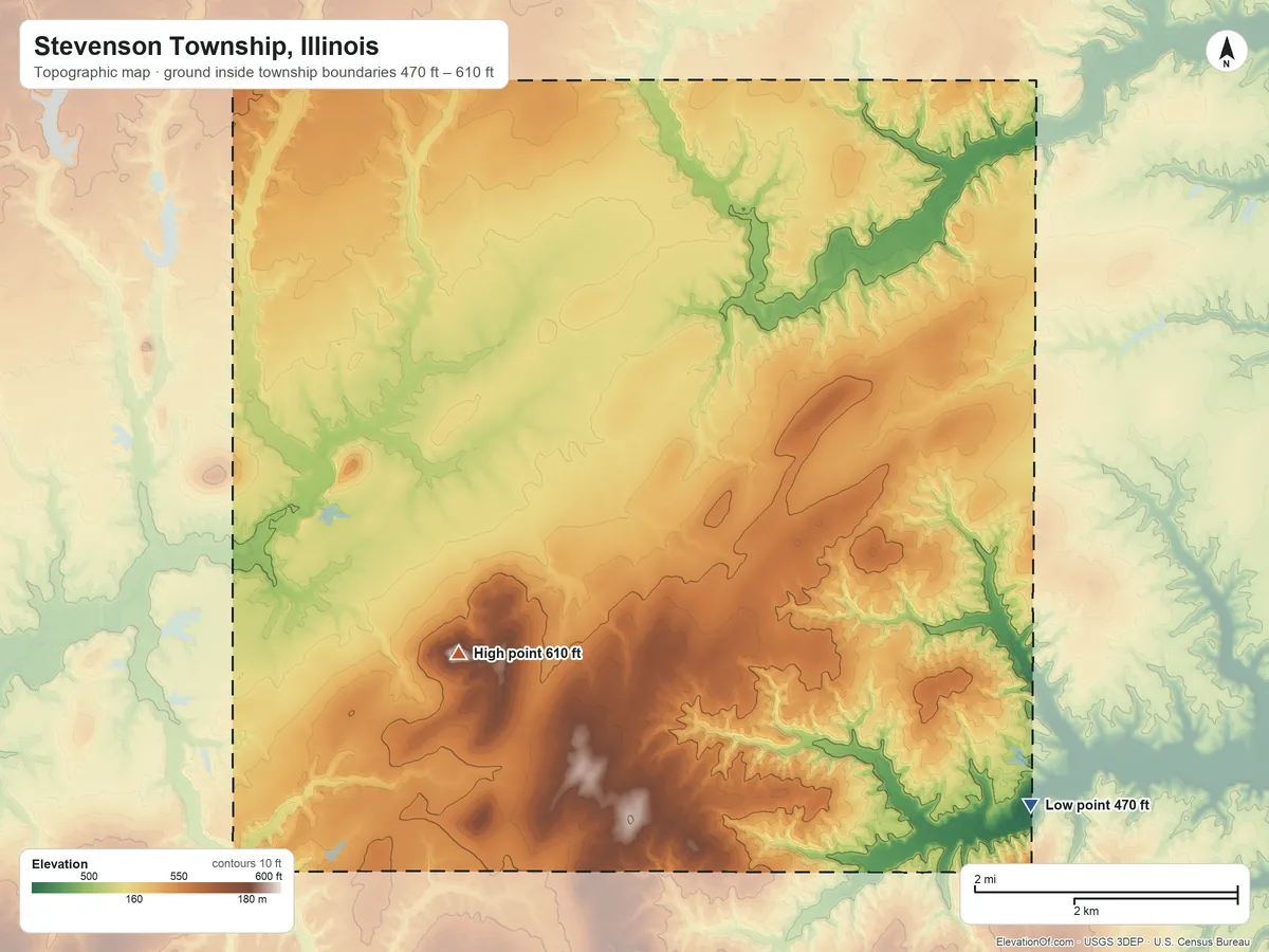 Topographic elevation map of Stevenson Township, Illinois, shaded from 470 ft on the southeast side to 610 ft on the south side