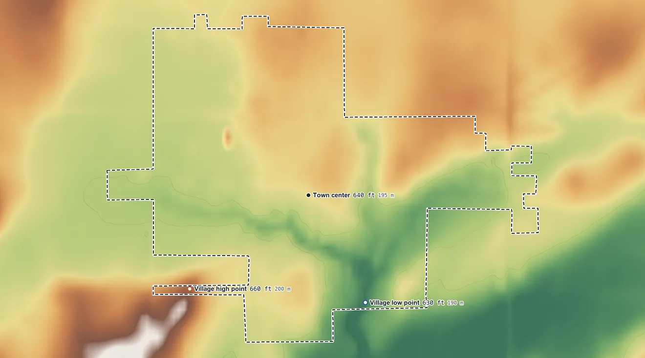 Topographic elevation map of Stewardson, Illinois, shaded from 630 ft on the southeast side to 660 ft on the southwest side
