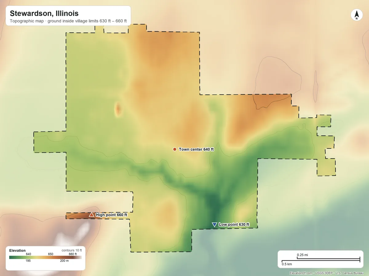 Topographic elevation map of Stewardson, Illinois, shaded from 630 ft on the southeast side to 660 ft on the southwest side