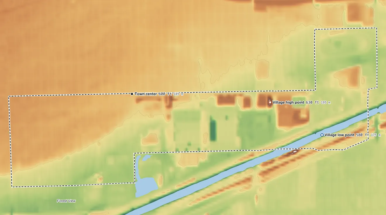 Topographic elevation map of Stickney, Illinois, shaded from 580 ft on the east side to 630 ft on the east side