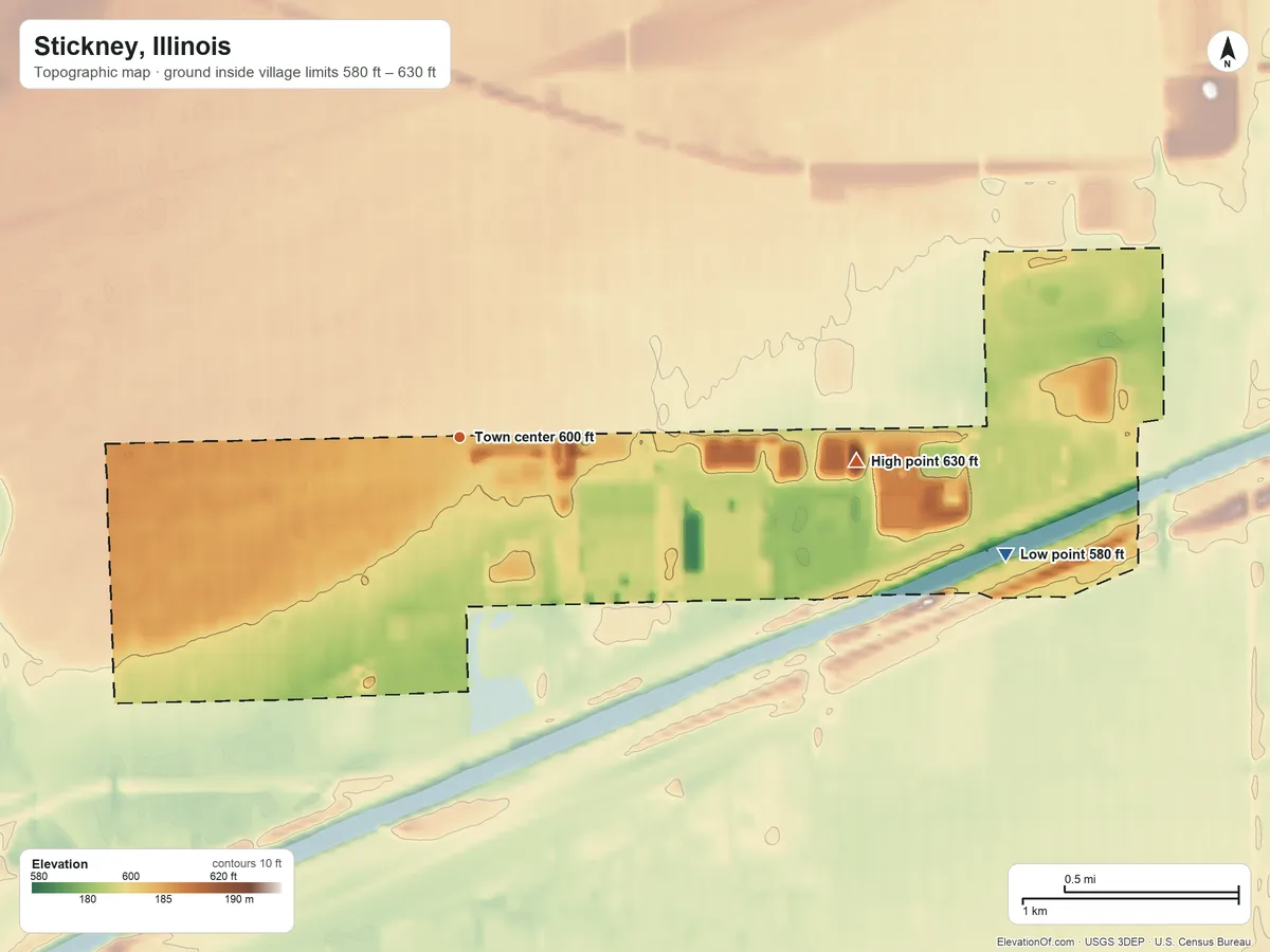 Topographic elevation map of Stickney, Illinois, shaded from 580 ft on the east side to 630 ft on the east side