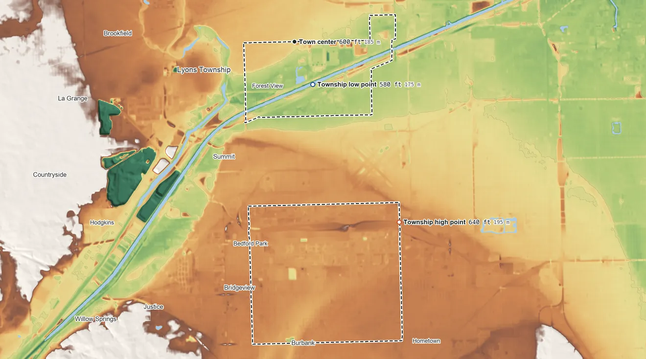 Topographic elevation map of Stickney Township, Illinois, shaded from 580 ft on the southeast side to 640 ft on the southeast side