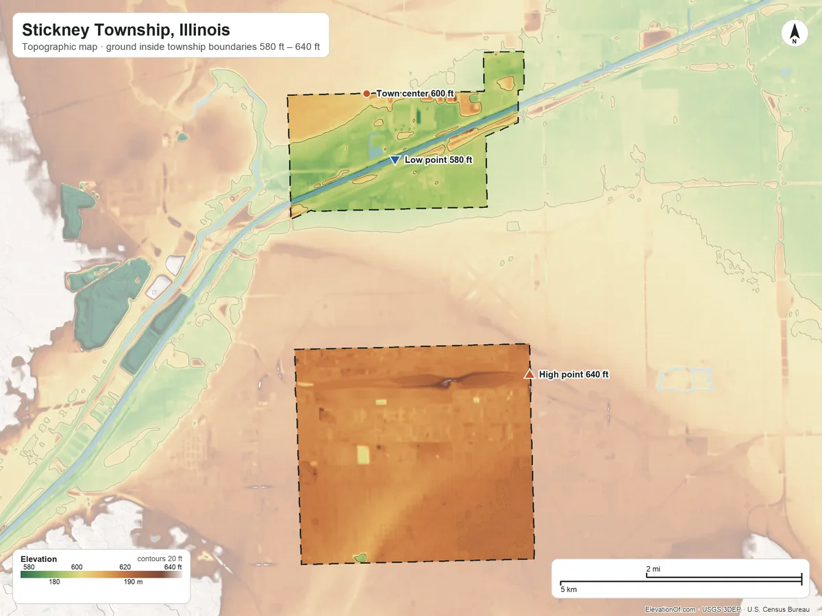 Topographic elevation map of Stickney Township, Illinois, shaded from 580 ft on the southeast side to 640 ft on the southeast side