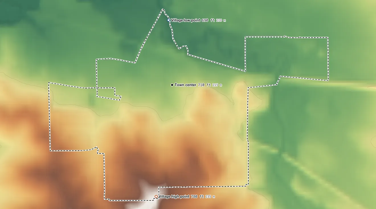 Topographic elevation map of Stillman Valley, Illinois, shaded from 690 ft on the north side to 780 ft on the south side