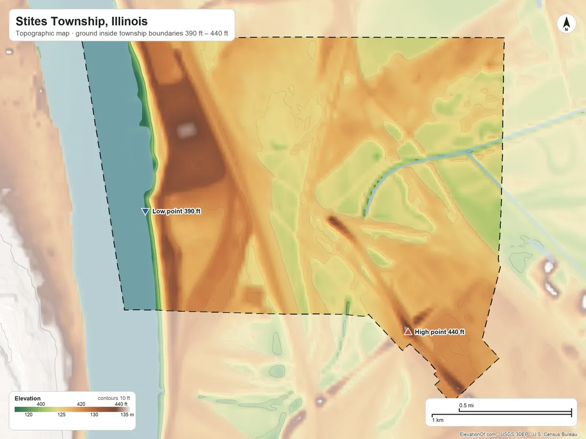 Topographic elevation map of Stites Township, Illinois, shaded from 390 ft on the southwest side to 440 ft on the southeast side