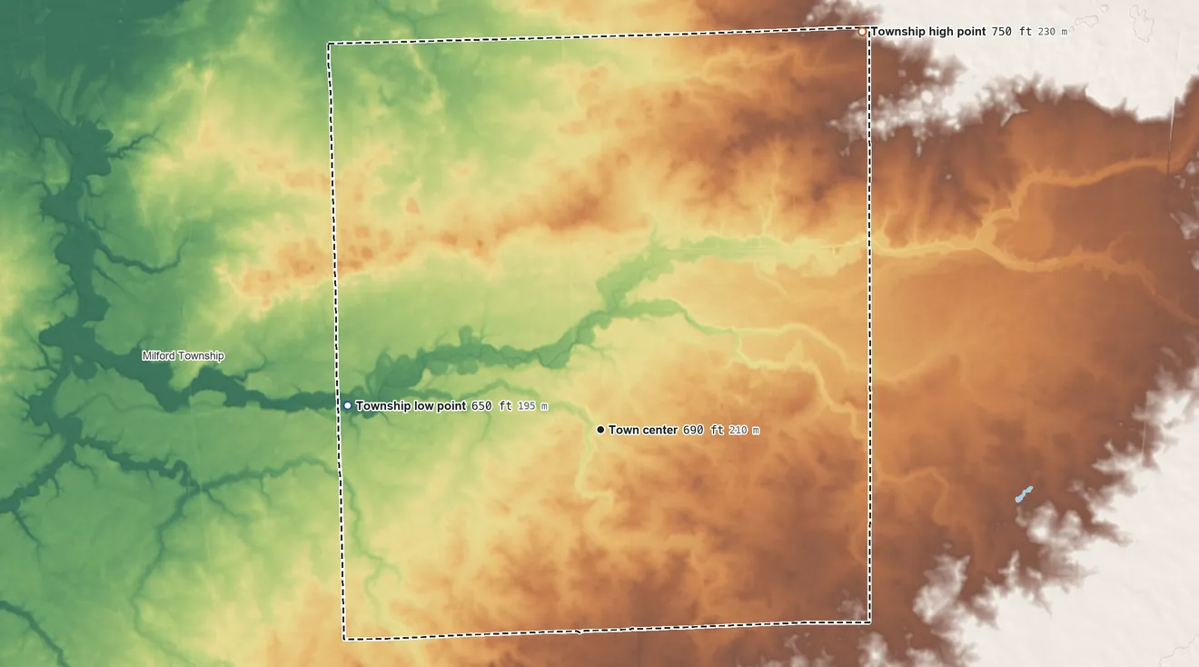 Topographic elevation map of Stockland Township, Illinois, shaded from 650 ft on the west side to 750 ft on the northeast side