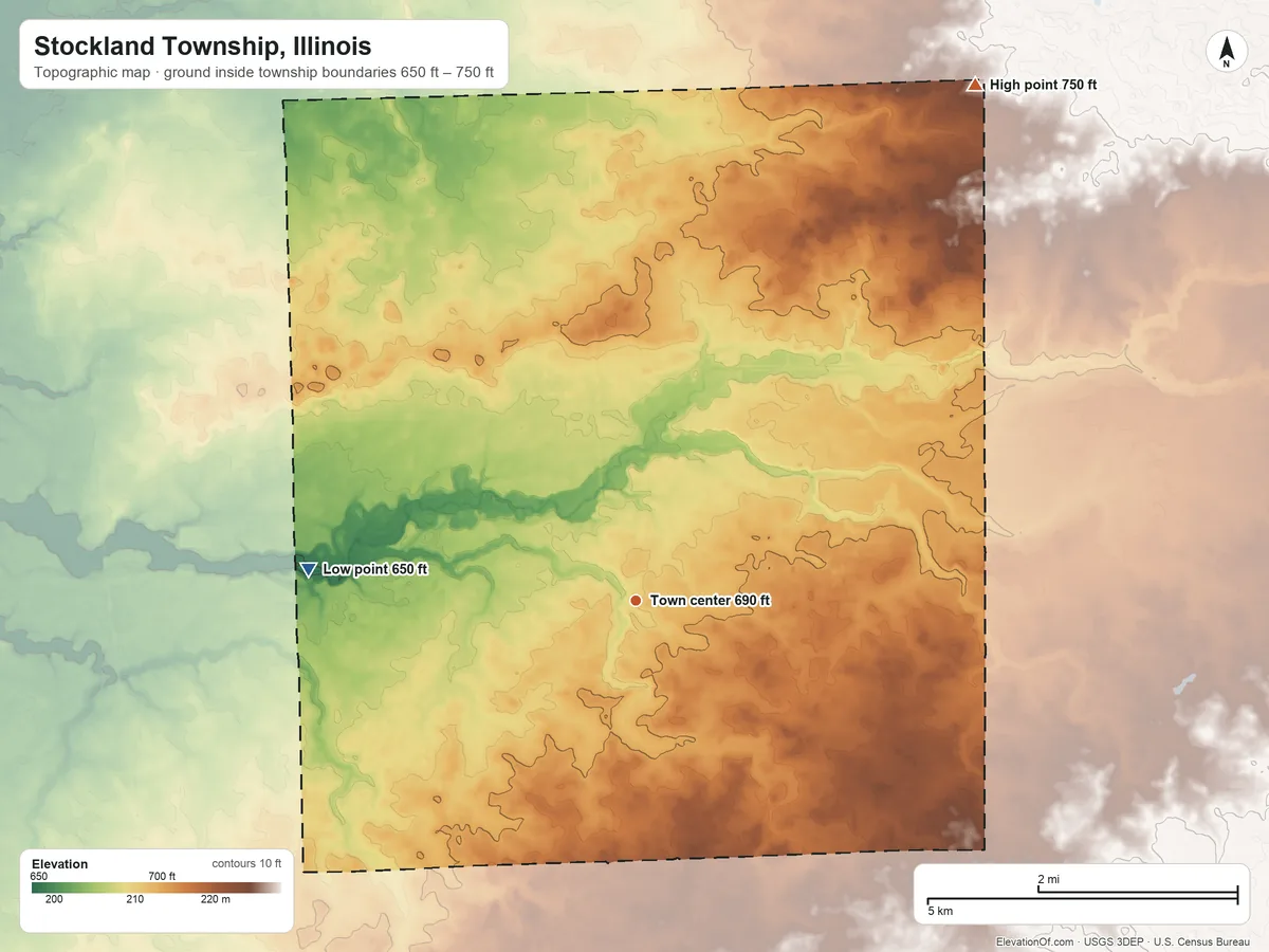 Topographic elevation map of Stockland Township, Illinois, shaded from 650 ft on the west side to 750 ft on the northeast side