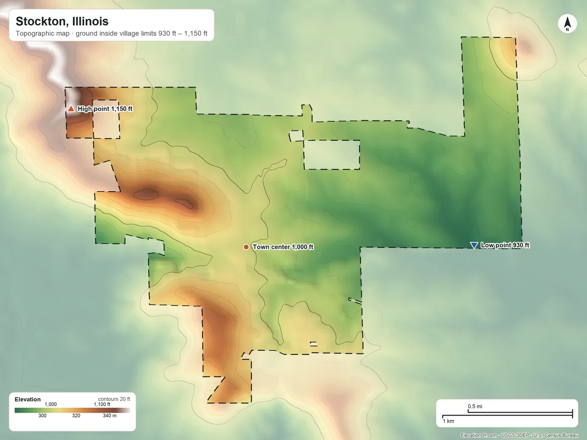 Topographic elevation map of Stockton, Illinois, shaded from 930 ft on the east side to 1,150 ft on the northwest side