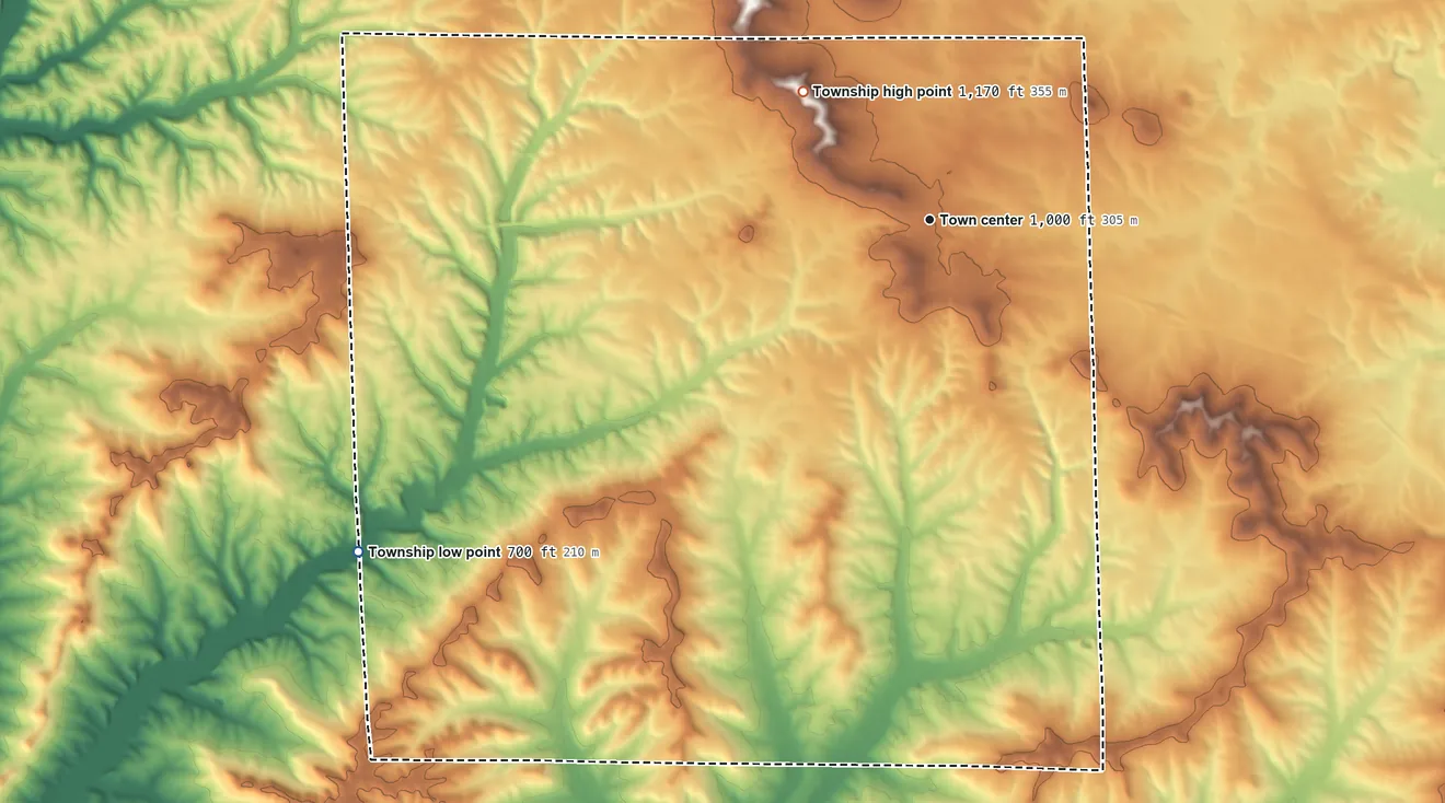 Topographic elevation map of Stockton Township, Illinois, shaded from 700 ft on the southwest side to 1,170 ft on the northwest side