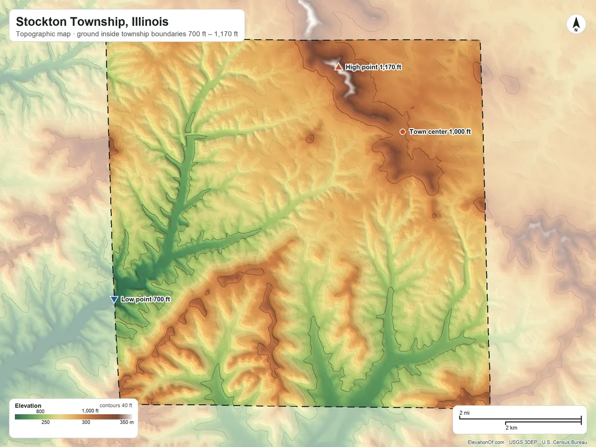 Topographic elevation map of Stockton Township, Illinois, shaded from 700 ft on the southwest side to 1,170 ft on the northwest side