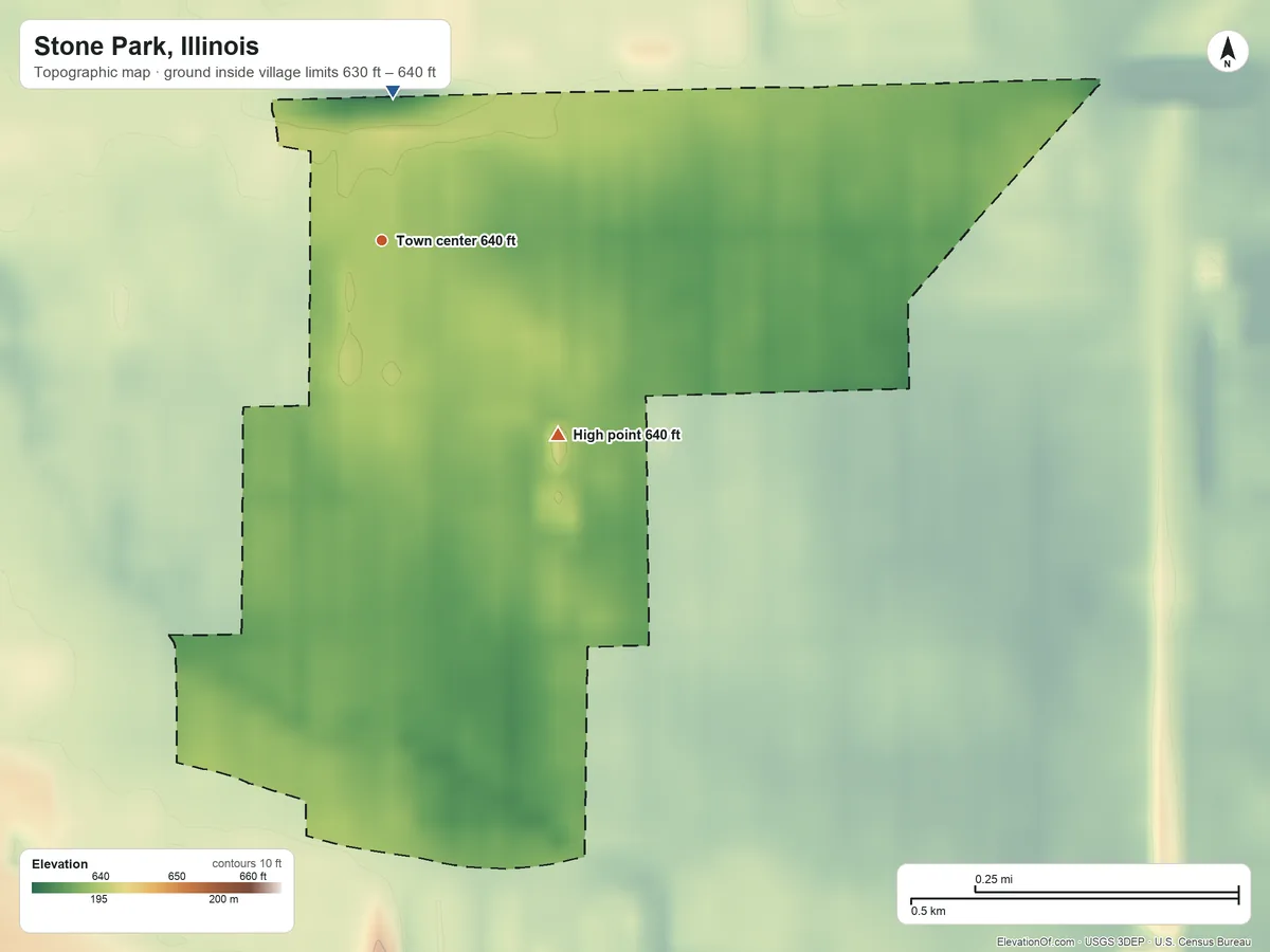 Topographic elevation map of Stone Park, Illinois, shaded from 630 ft on the north side to 640 ft on the southeast side